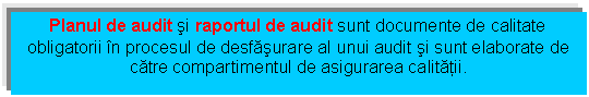 Text Box: Planul de audit si raportul de audit sunt documente de calitate obligatorii n procesul de desfasurare al unui audit si sunt elaborate de catre compartimentul de asigurarea calitatii.

